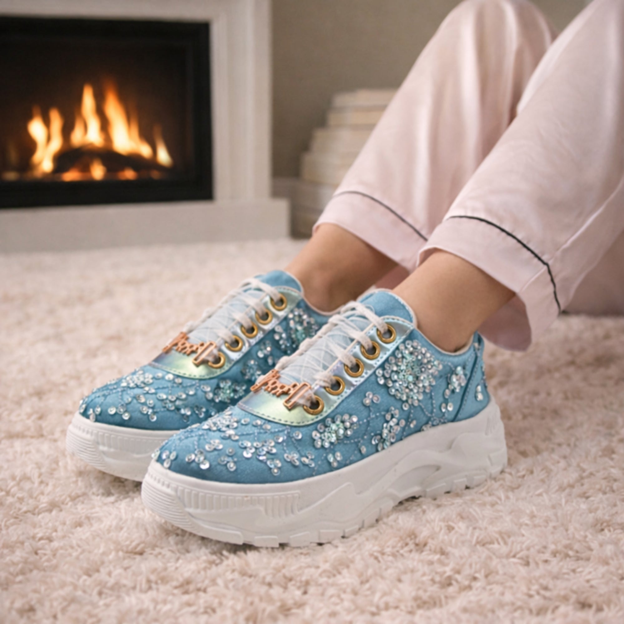 Maeve Luxury Dusky Blue Satin Handmade Embellished Trainers