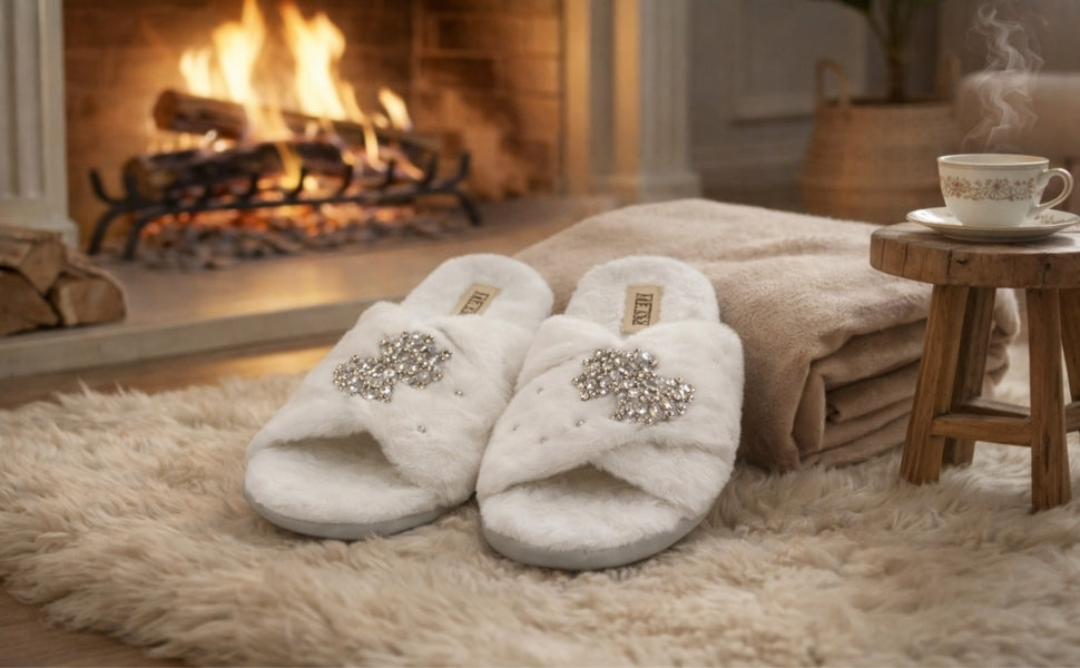 Fefe Cream Luxury Plush Diamanté Embellished Handmade Slipper