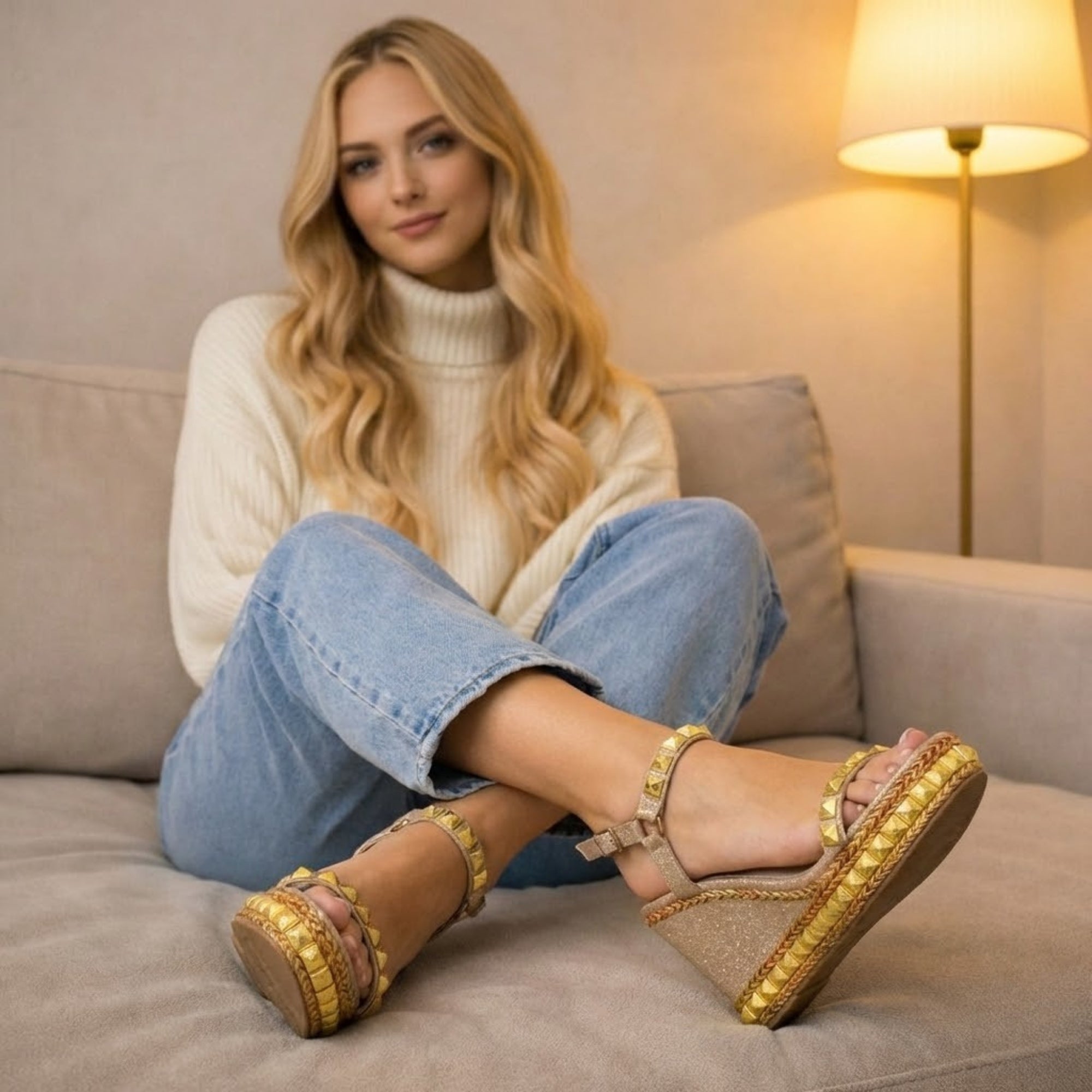 Rosalie Beige Luxury Women’s Synthetic Wedge Heels – Hand Embellished Beige High Heel Sandals