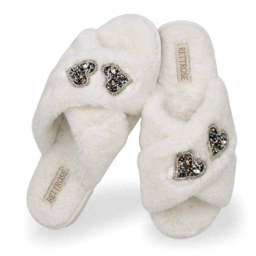 Katie Cream Luxury Plush Diamanté Heart Embellished Handmade Slipper