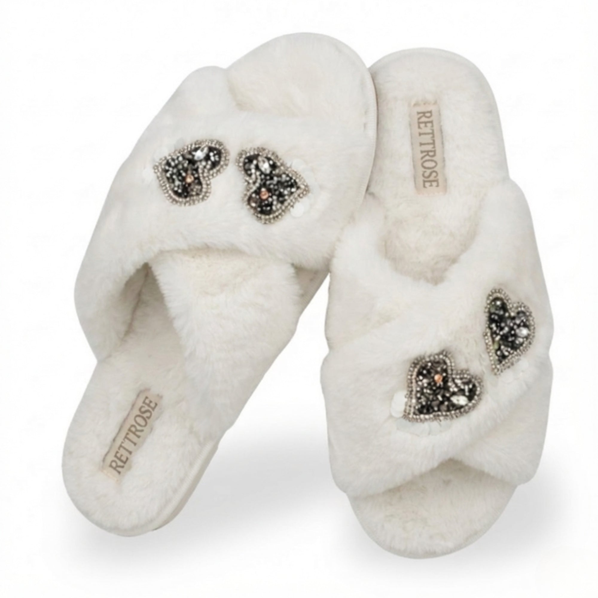 Katie Cream Luxury Plush Diamanté Heart Embellished Handmade Slipper