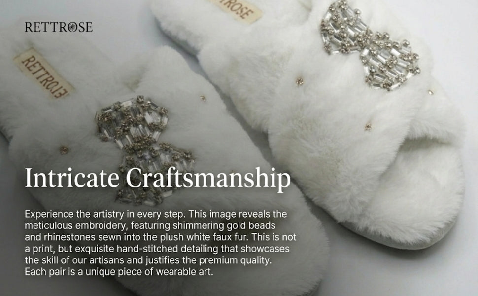Fefe Cream Luxury Plush Diamanté Embellished Handmade Slipper