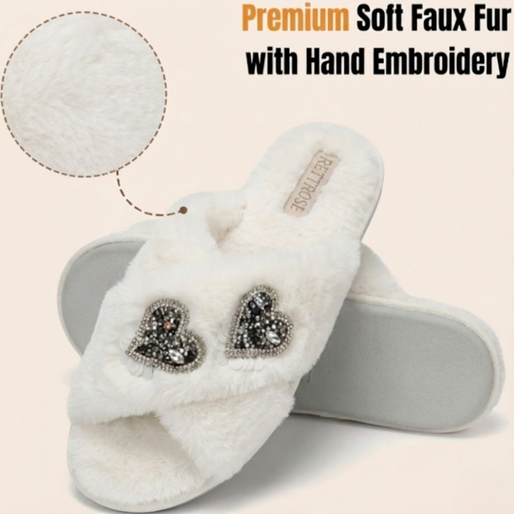 Katie Cream Luxury Plush Diamanté Heart Embellished Handmade Slipper