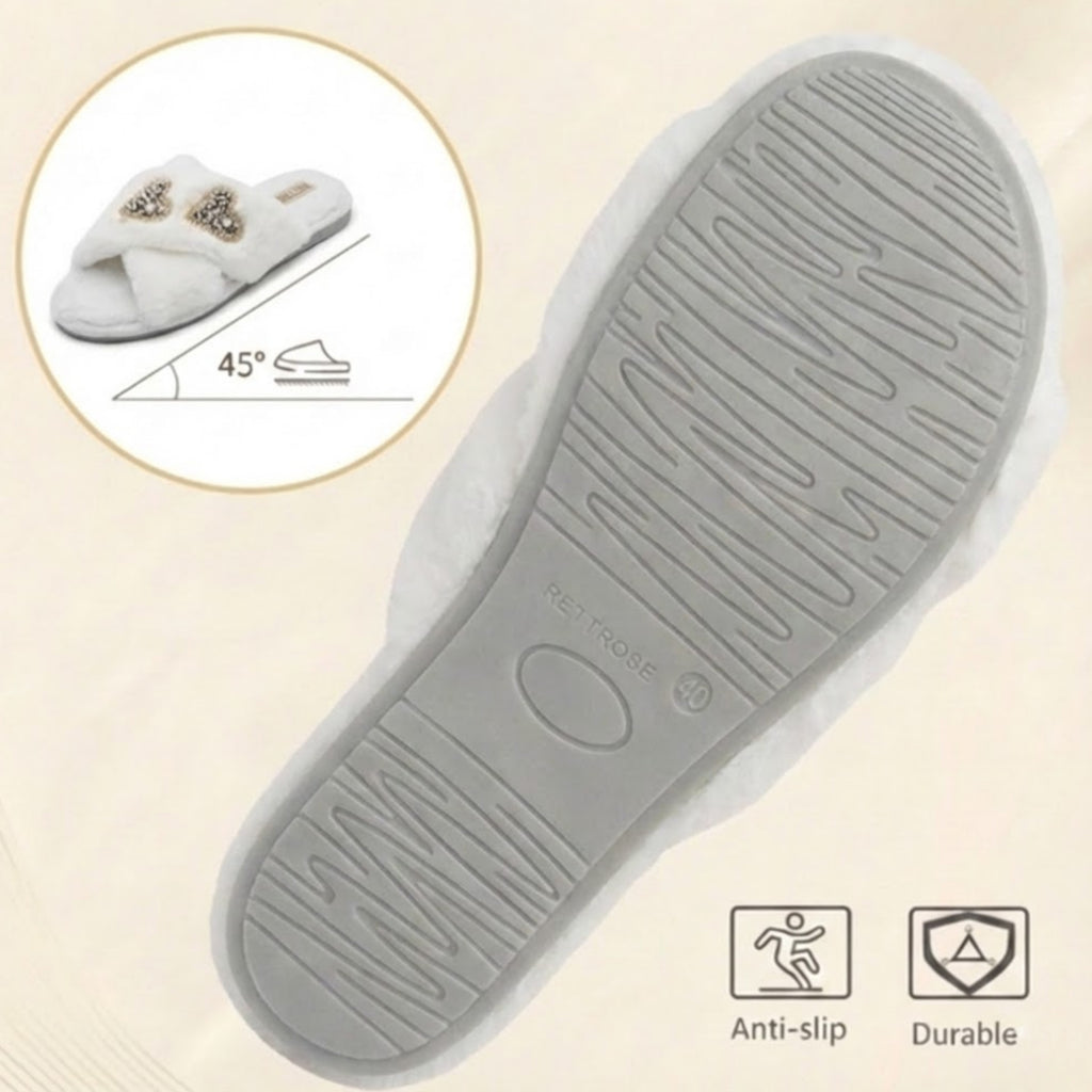 Katie Cream Luxury Plush Diamanté Heart Embellished Handmade Slipper