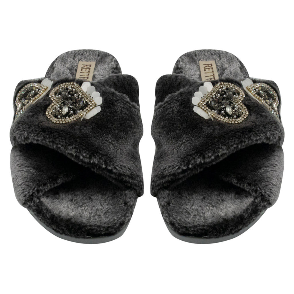 Katie Charcoal Luxury Plush Diamanté Heart Embellished Handmade Slipper