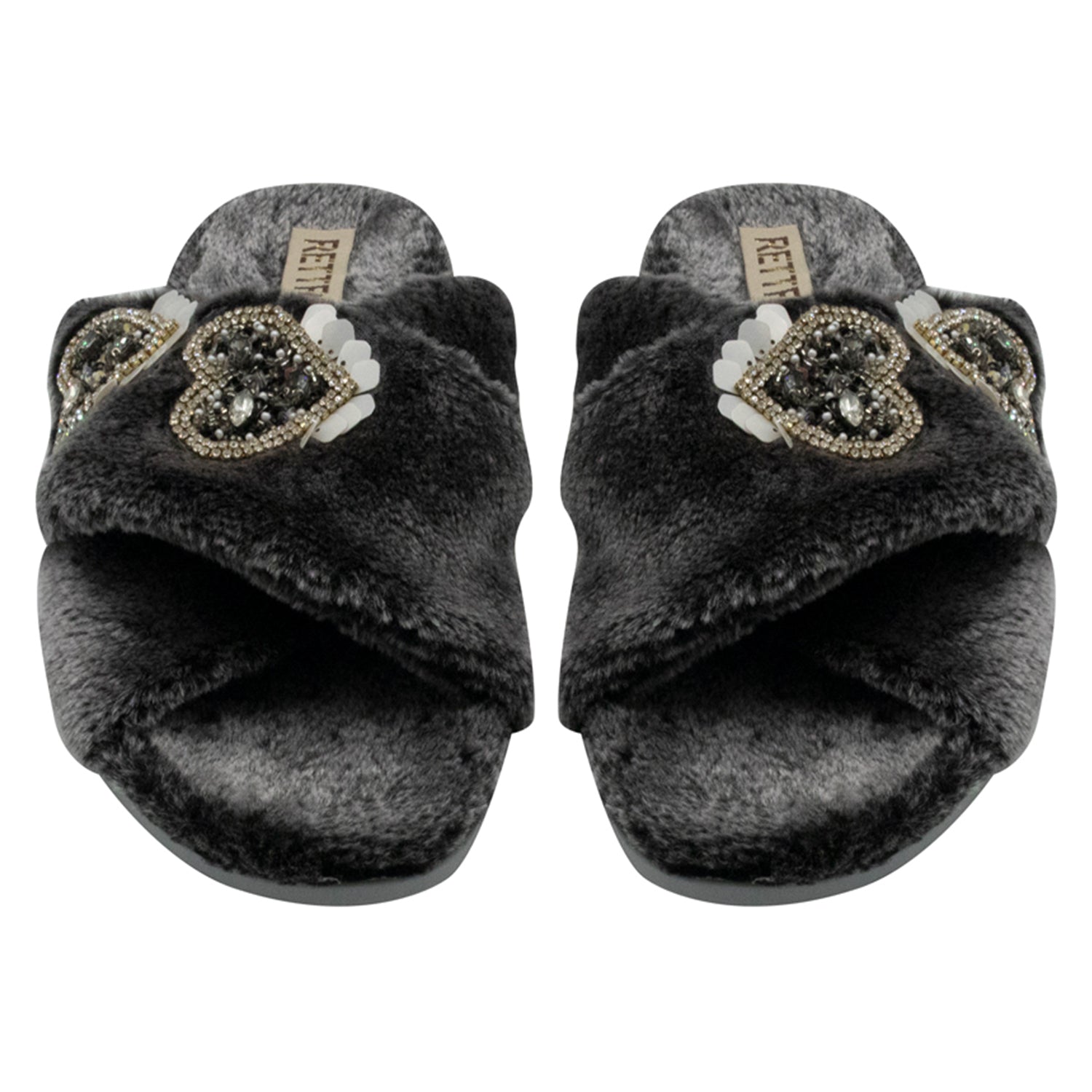 Katie Charcoal Luxury Plush Diamanté Heart Embellished Handmade Slipper