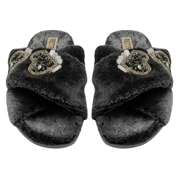 Katie Charcoal Luxury Plush Diamanté Heart Embellished Handmade Slipper