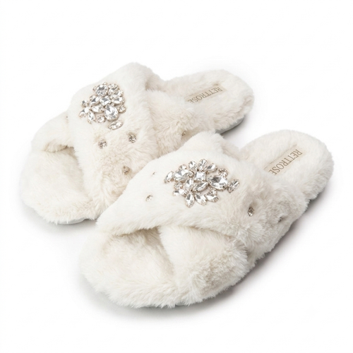 Audrey Cream Luxury Plush Diamanté Embellished Handmade Slipper