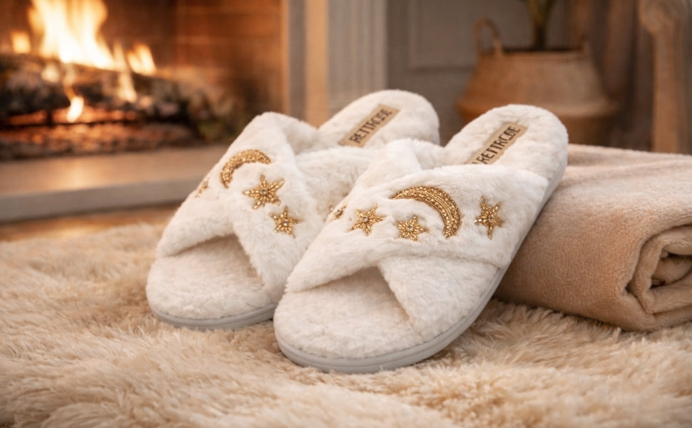 Isabel Women’s White Luxury Faux Fur Slippers – Hand Embellished Star & Moon Diamanté Slides, Synthetic Material