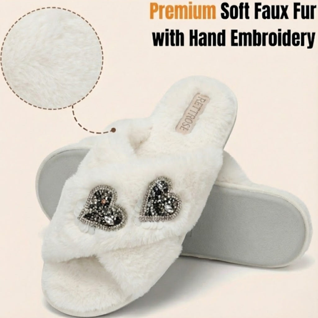 Katie Cream Luxury Plush Diamanté Heart Embellished Handmade Slipper