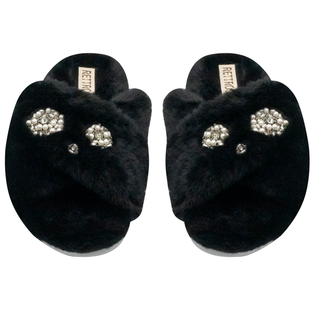 Juliette Black Luxury Plush Diamanté Embellished Handmade Slipper