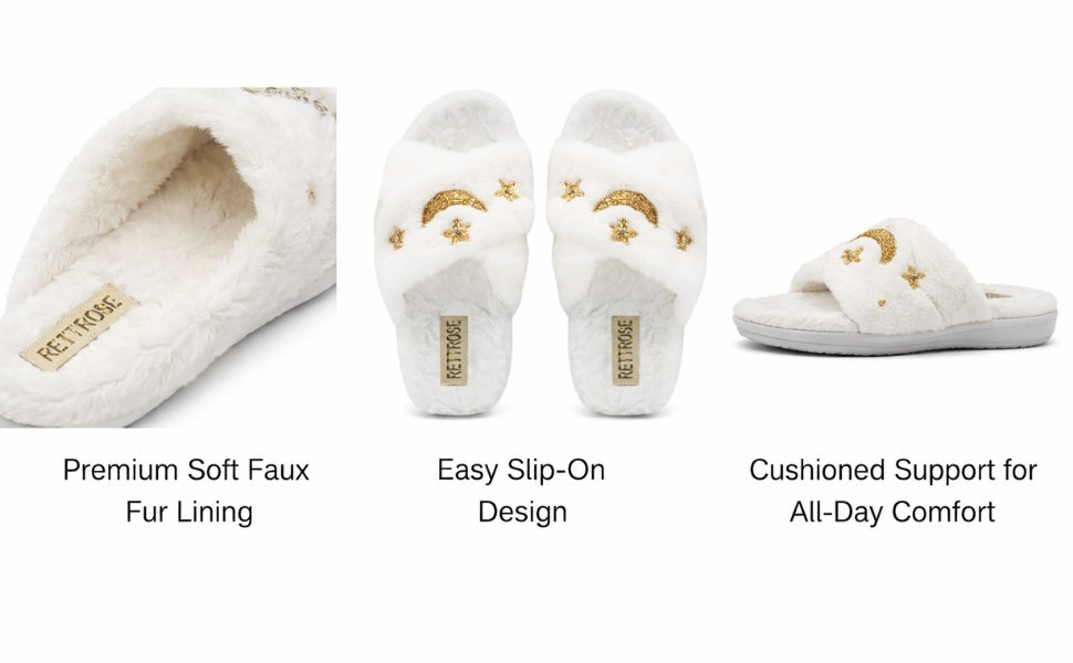 Isabel Women’s White Luxury Faux Fur Slippers – Hand Embellished Star & Moon Diamanté Slides, Synthetic Material