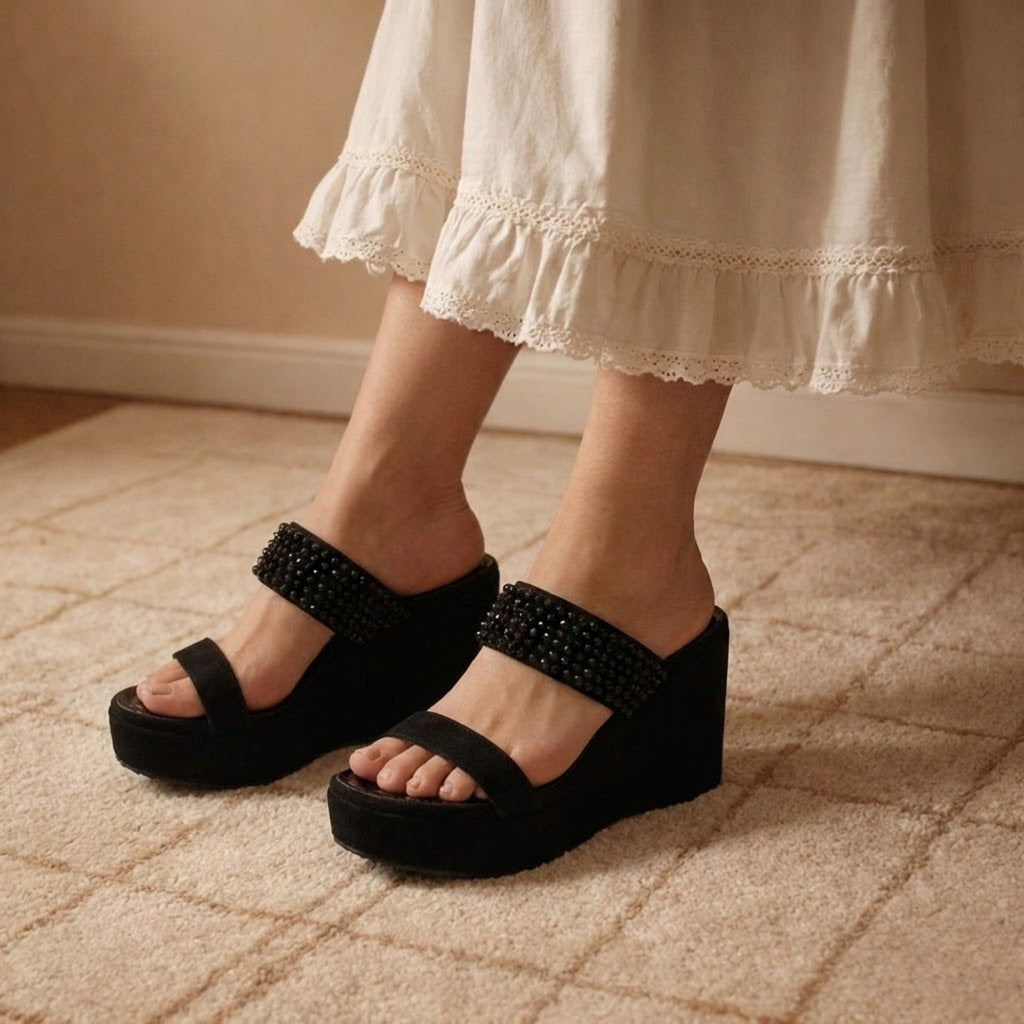 Jasmine Navy Luxury Women’s Wedge Heels – Hand Embellished Suede High Heel Sandals in Black-Toned Design