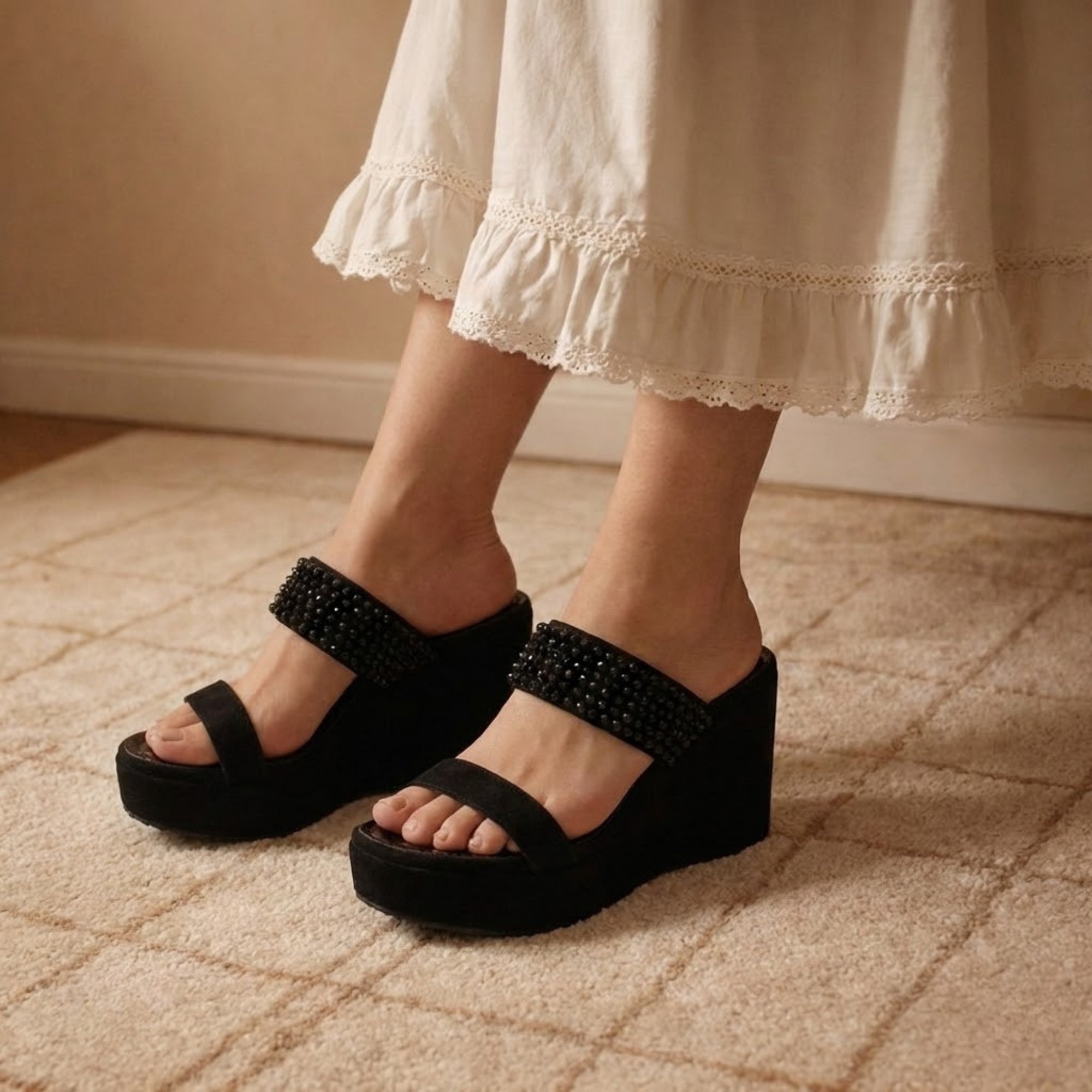 Jasmine Navy Luxury Women’s Wedge Heels – Hand Embellished Suede High Heel Sandals in Black-Toned Design