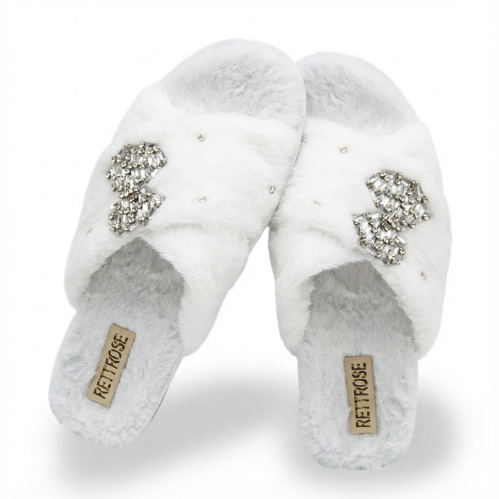 Fefe Cream Luxury Plush Diamanté Embellished Handmade Slipper
