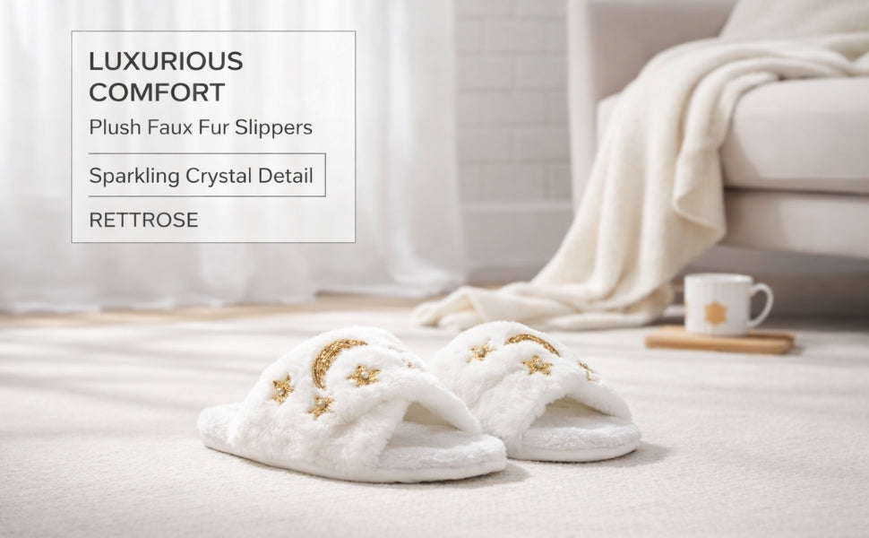 Isabel Women’s White Luxury Faux Fur Slippers – Hand Embellished Star & Moon Diamanté Slides, Synthetic Material