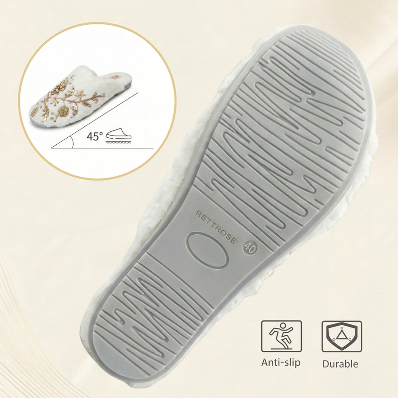 The Annie Cream Luxury Handmade Women’s Slippers – Faux Fur Front-Covered, Comfortable, White & Cream Diamanté Embellished