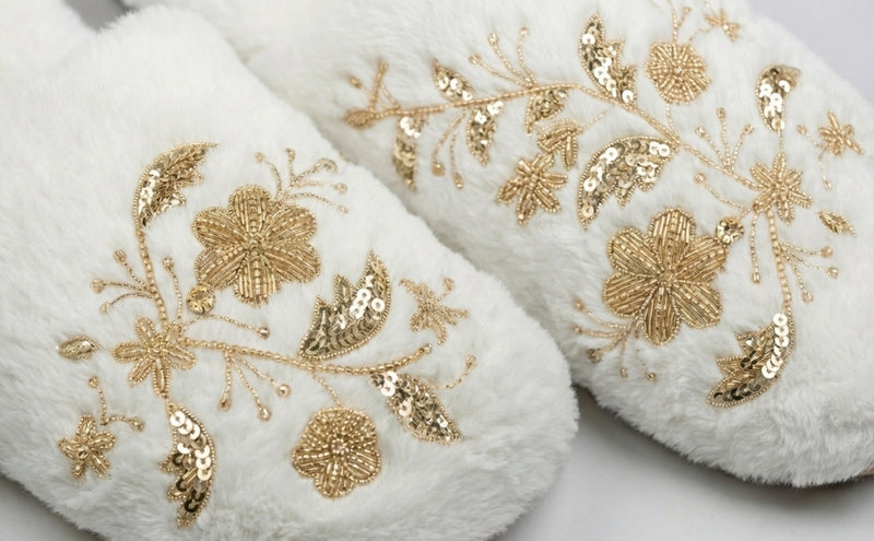 The Annie Cream Luxury Handmade Women’s Slippers – Faux Fur Front-Covered, Comfortable, White & Cream Diamanté Embellished