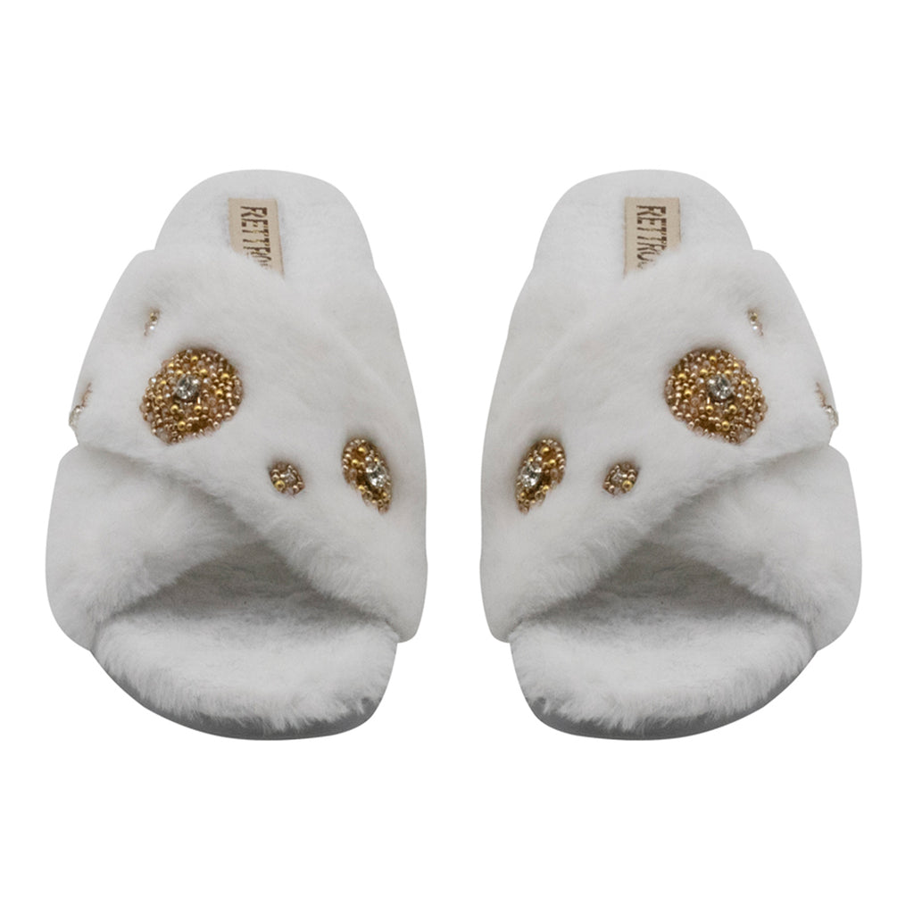 Juliette Cream Luxury Plush Diamanté Embellished Handmade Slipper