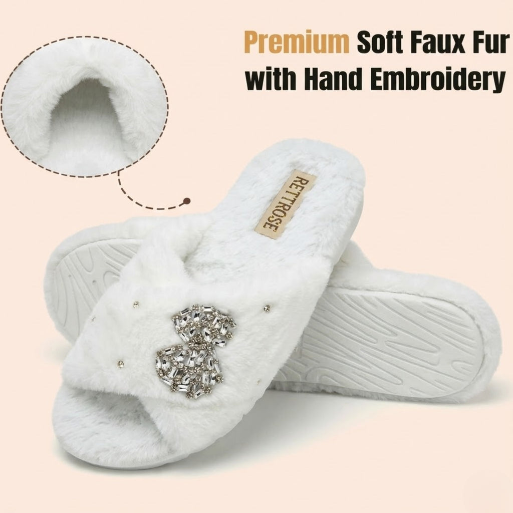 Fefe Cream Luxury Plush Diamanté Embellished Handmade Slipper