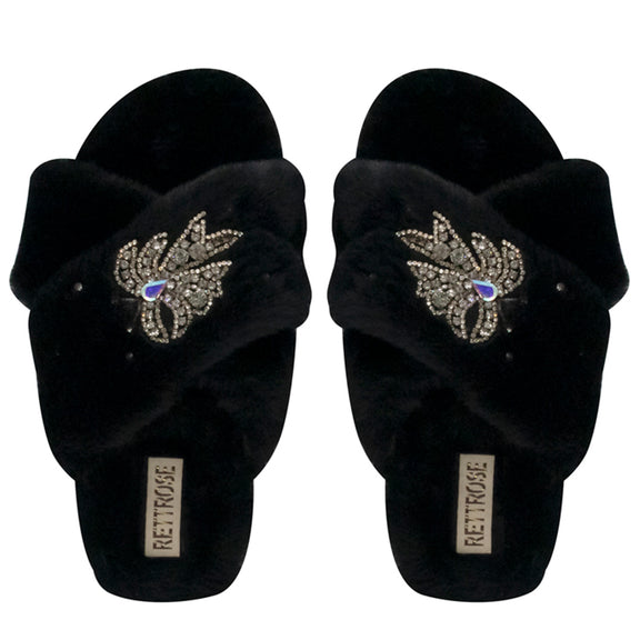 Katherine Black Luxury Plush Diamanté Embellished Handmade Slipper
