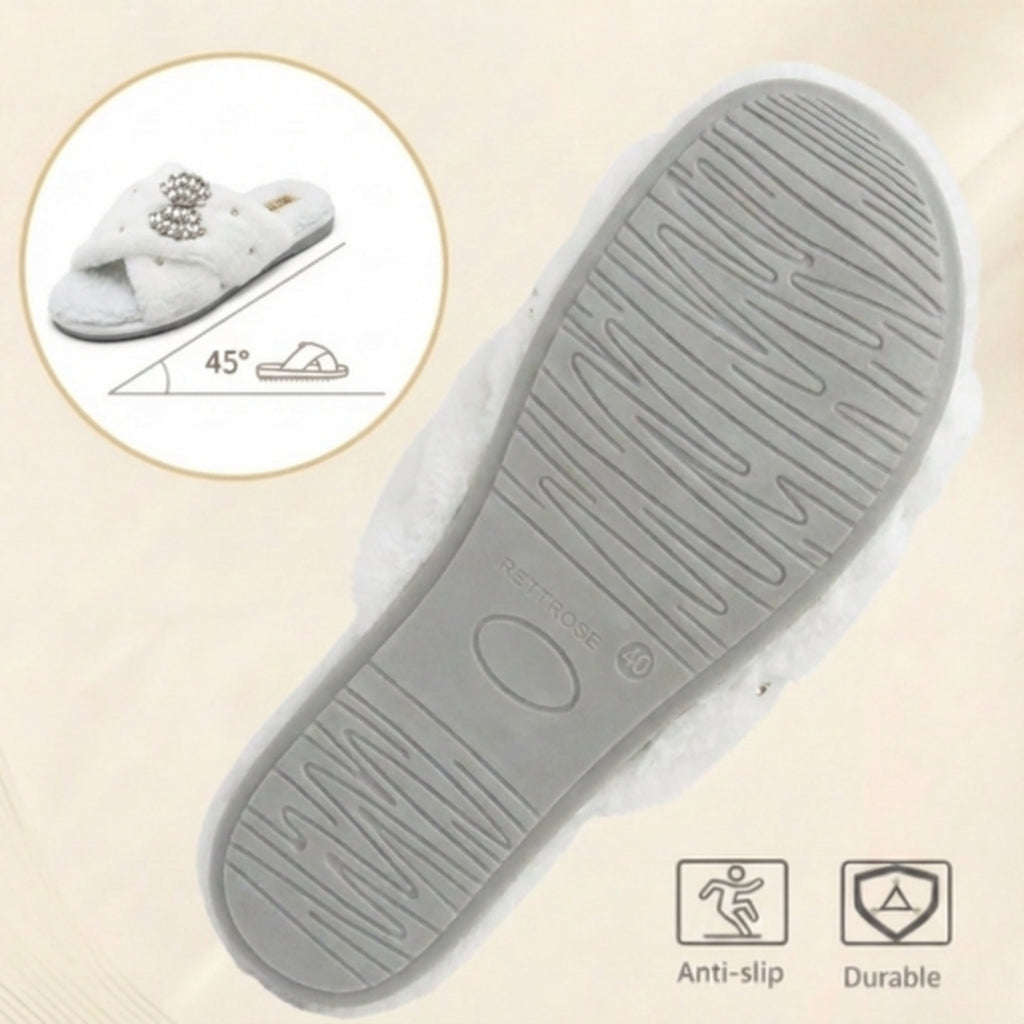 Fefe Cream Luxury Plush Diamanté Embellished Handmade Slipper