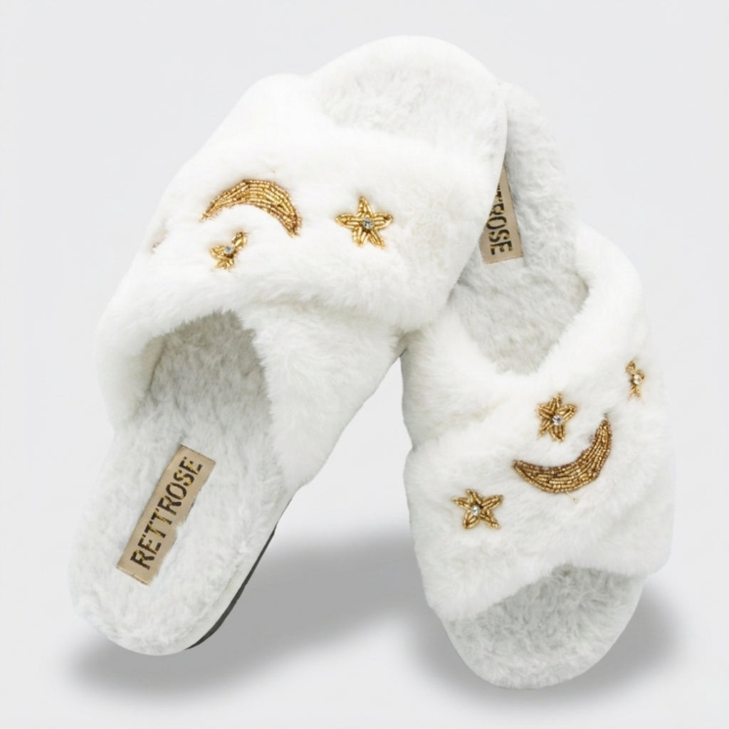 Isabel Women’s White Luxury Faux Fur Slippers – Hand Embellished Star & Moon Diamanté Slides, Synthetic Material