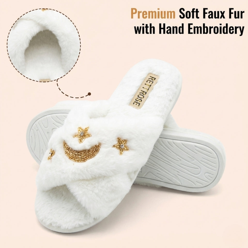 Isabel Women’s White Luxury Faux Fur Slippers – Hand Embellished Star & Moon Diamanté Slides, Synthetic Material