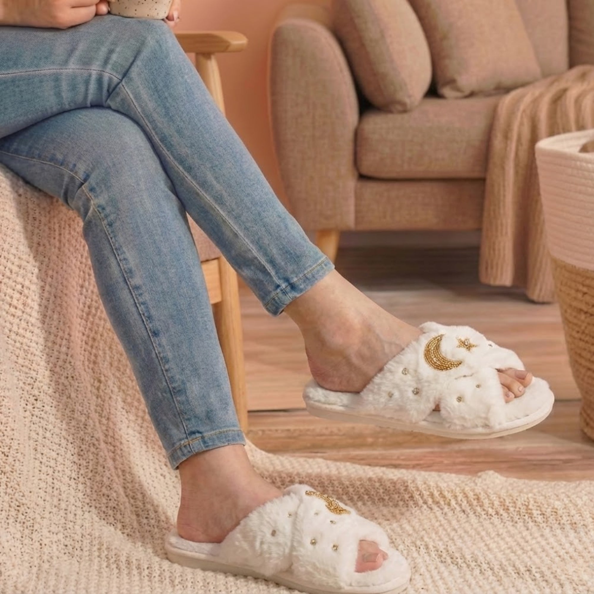Isabel Women’s White Luxury Faux Fur Slippers – Hand Embellished Star & Moon Diamanté Slides, Synthetic Material
