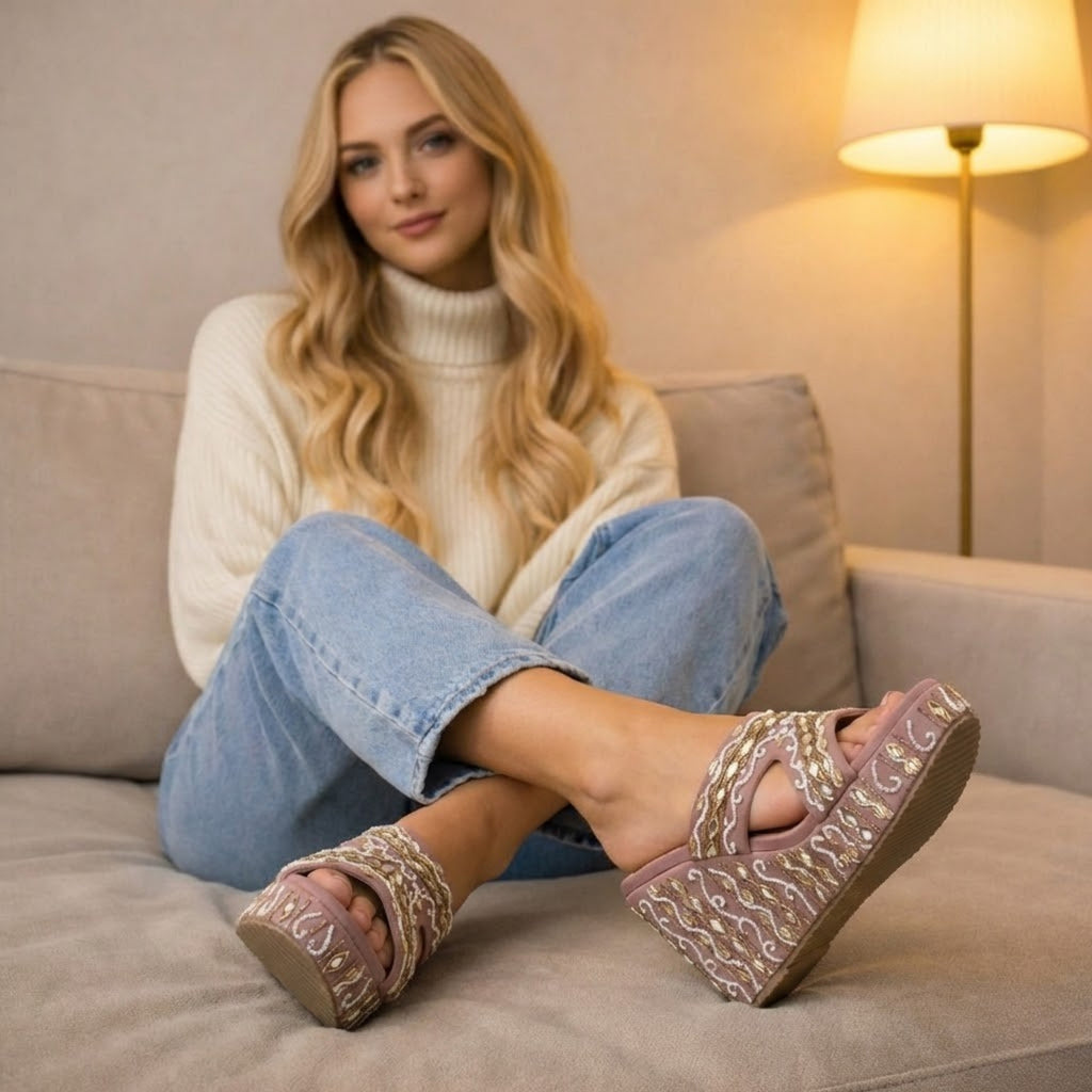 The Ruth Nude Luxury Handmade Women’s Wedge Heels – Pink Beaded, Comfortable, 8.5cm Synthetic Wedge by RETTROSE