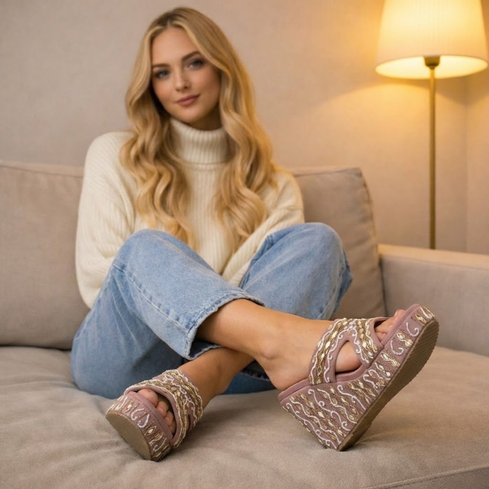 The Ruth Nude Luxury Handmade Women’s Wedge Heels – Pink Beaded, Comfortable, 8.5cm Synthetic Wedge by RETTROSE