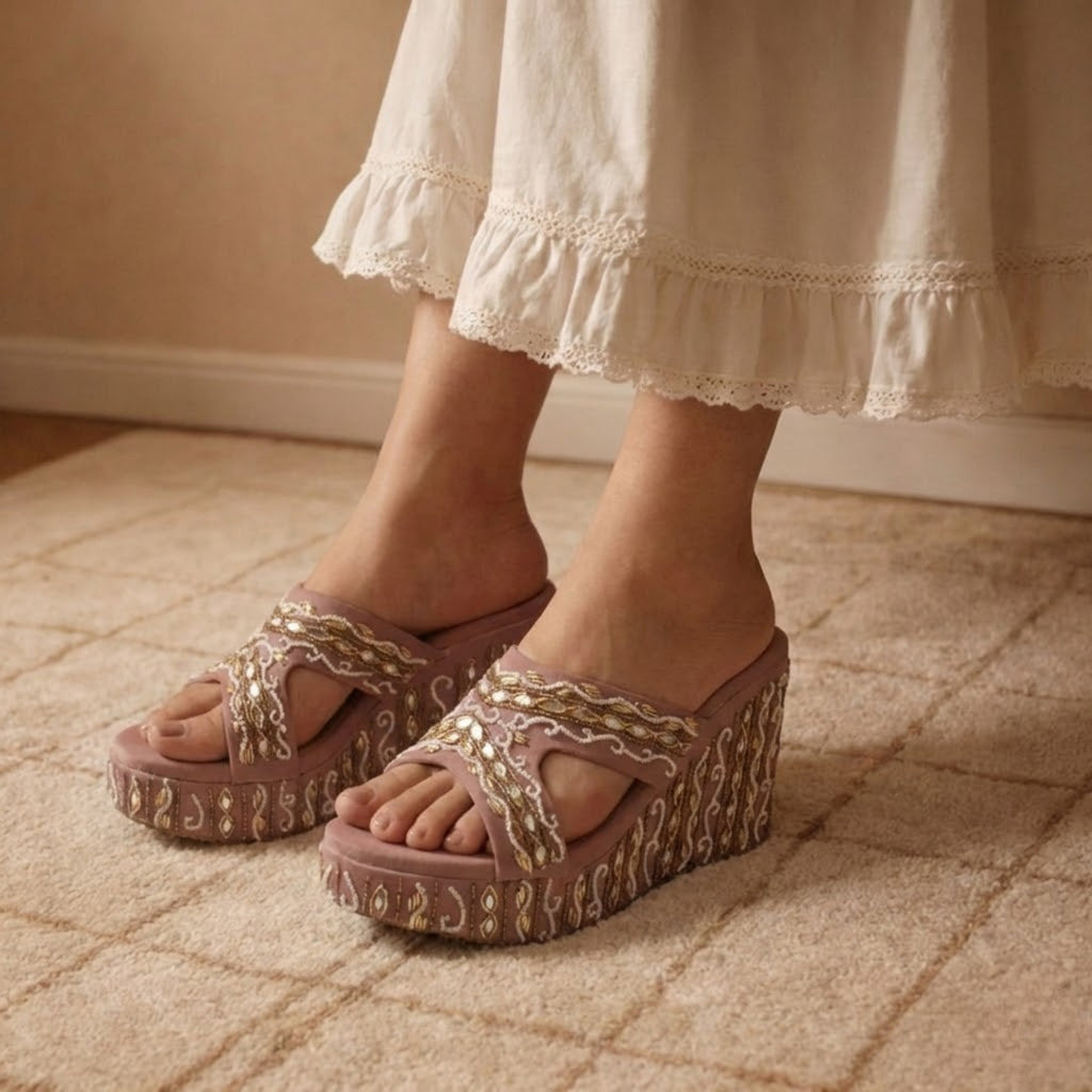 The Ruth Nude Luxury Handmade Women’s Wedge Heels – Pink Beaded, Comfortable, 8.5cm Synthetic Wedge by RETTROSE