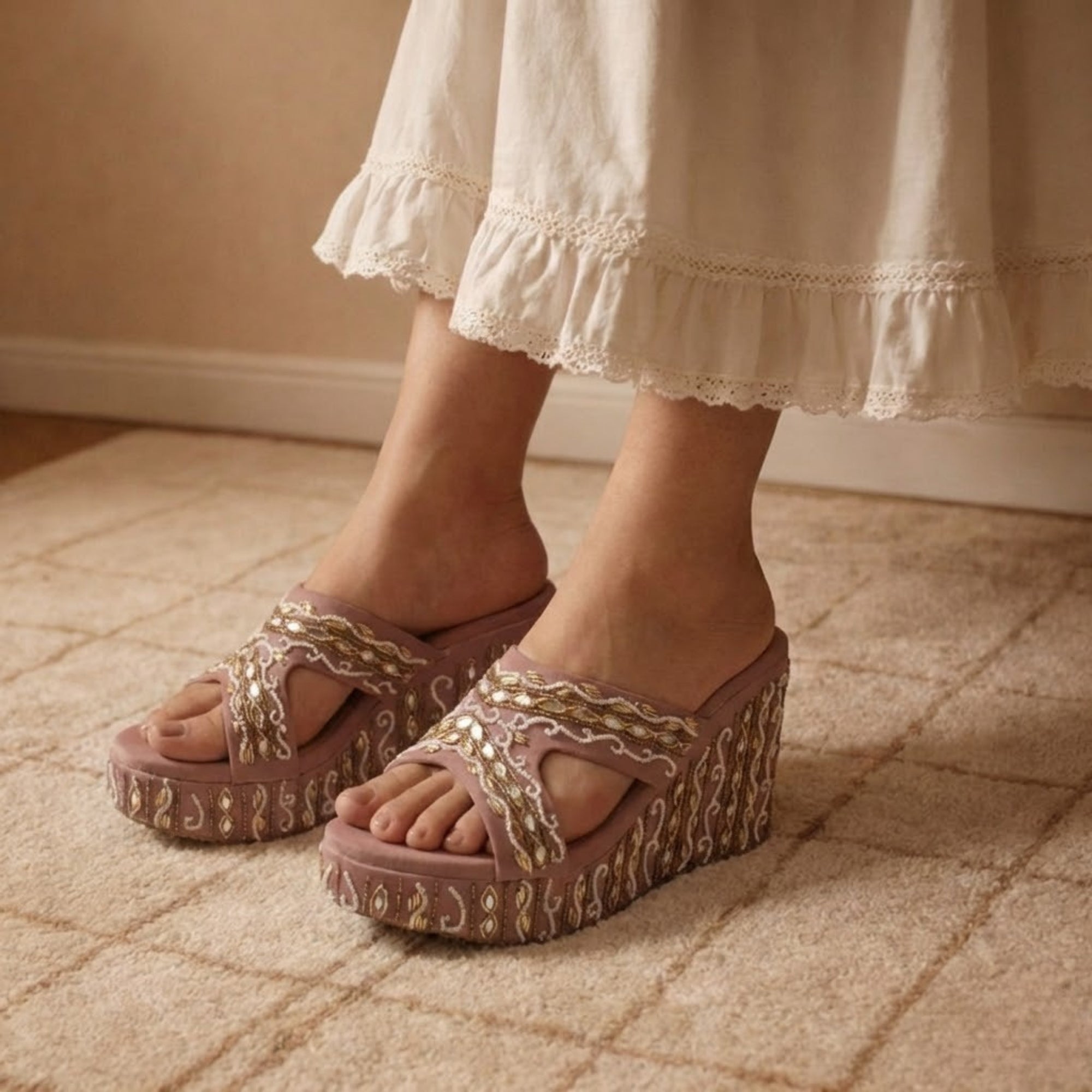 The Ruth Nude Luxury Handmade Women’s Wedge Heels – Pink Beaded, Comfortable, 8.5cm Synthetic Wedge by RETTROSE