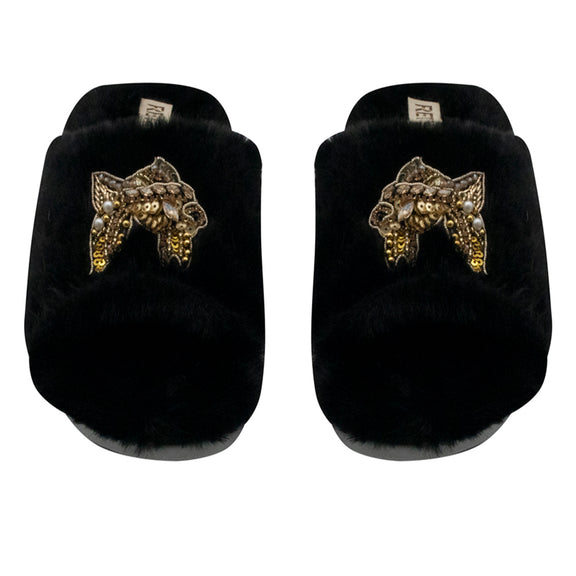 Mae Black Luxury Plush Diamanté Embellished Handmade Slipper
