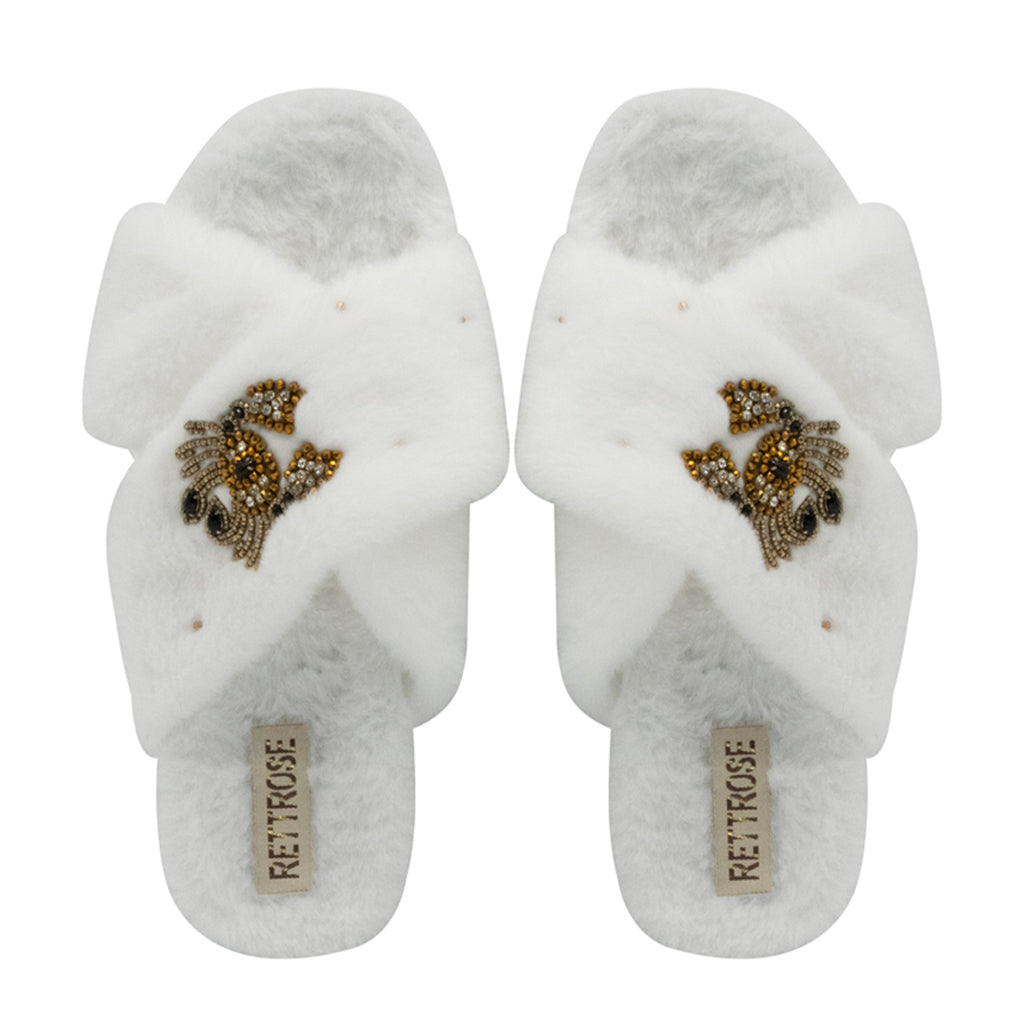 Sophie Cream Luxury Plush Diamanté Embellished Handmade Slipper