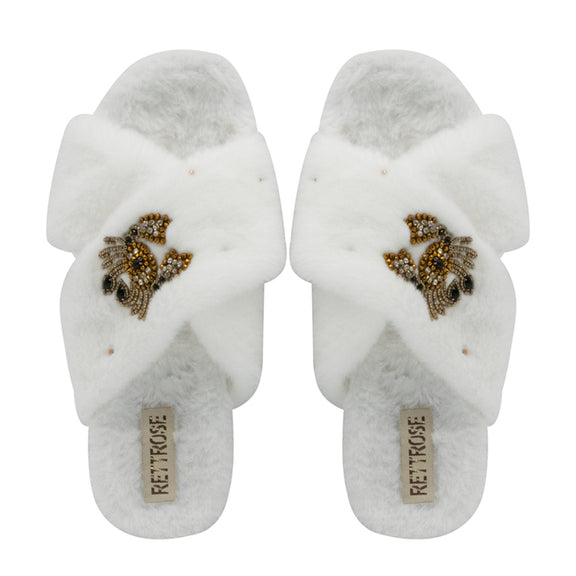 Sophie Cream Luxury Plush Diamanté Embellished Handmade Slipper