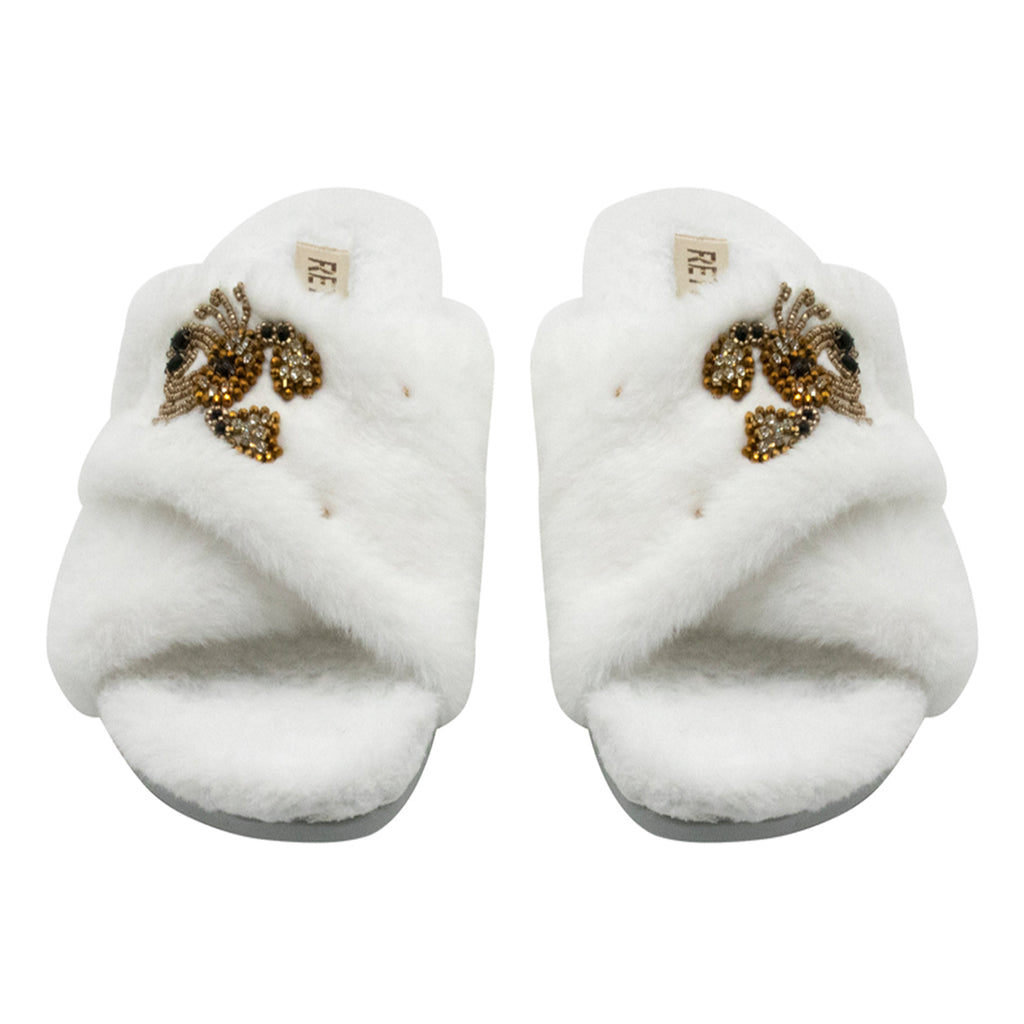 Sophie Cream Luxury Plush Diamanté Embellished Handmade Slipper
