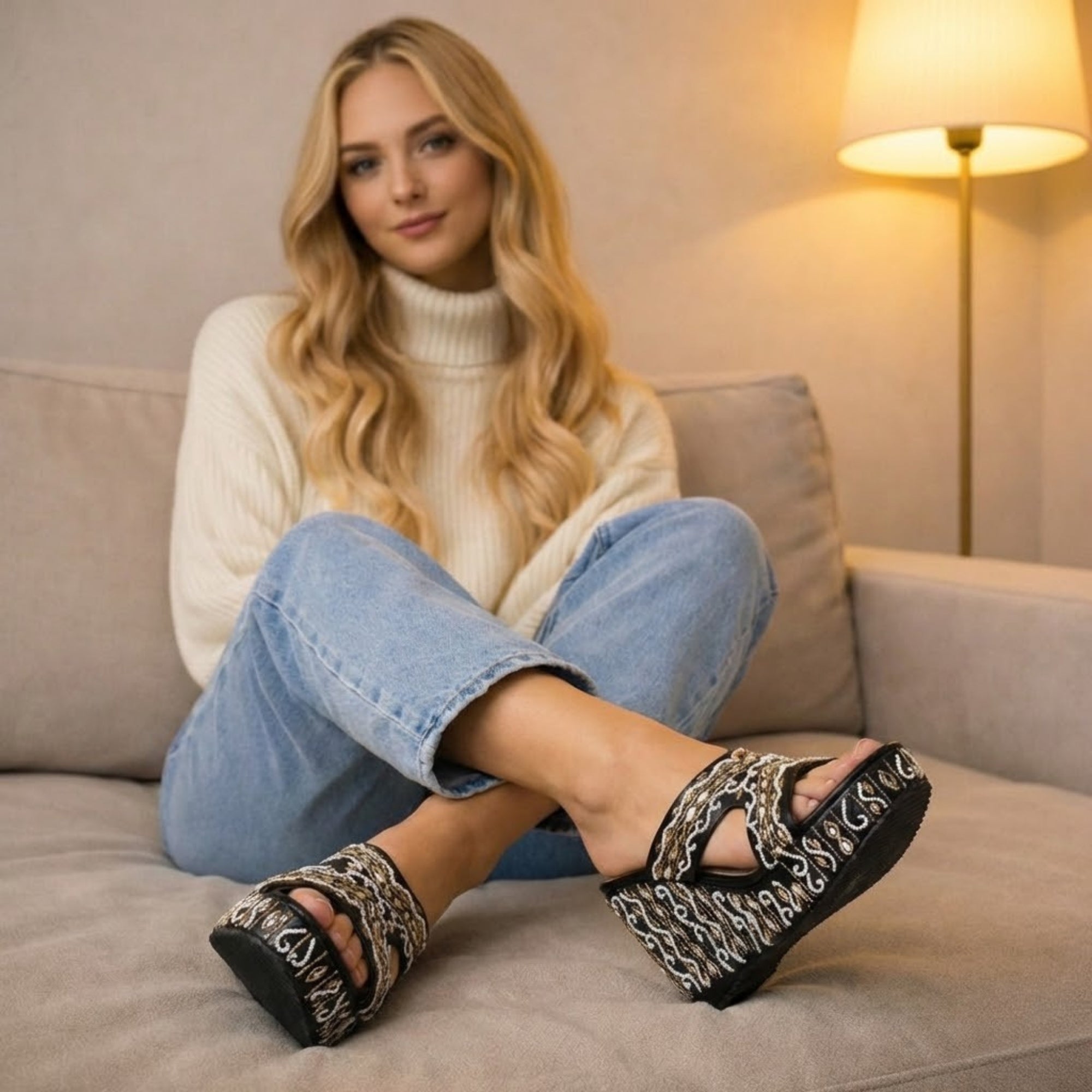 Ruth Black Hand Embellished Luxury Wedge Shoe