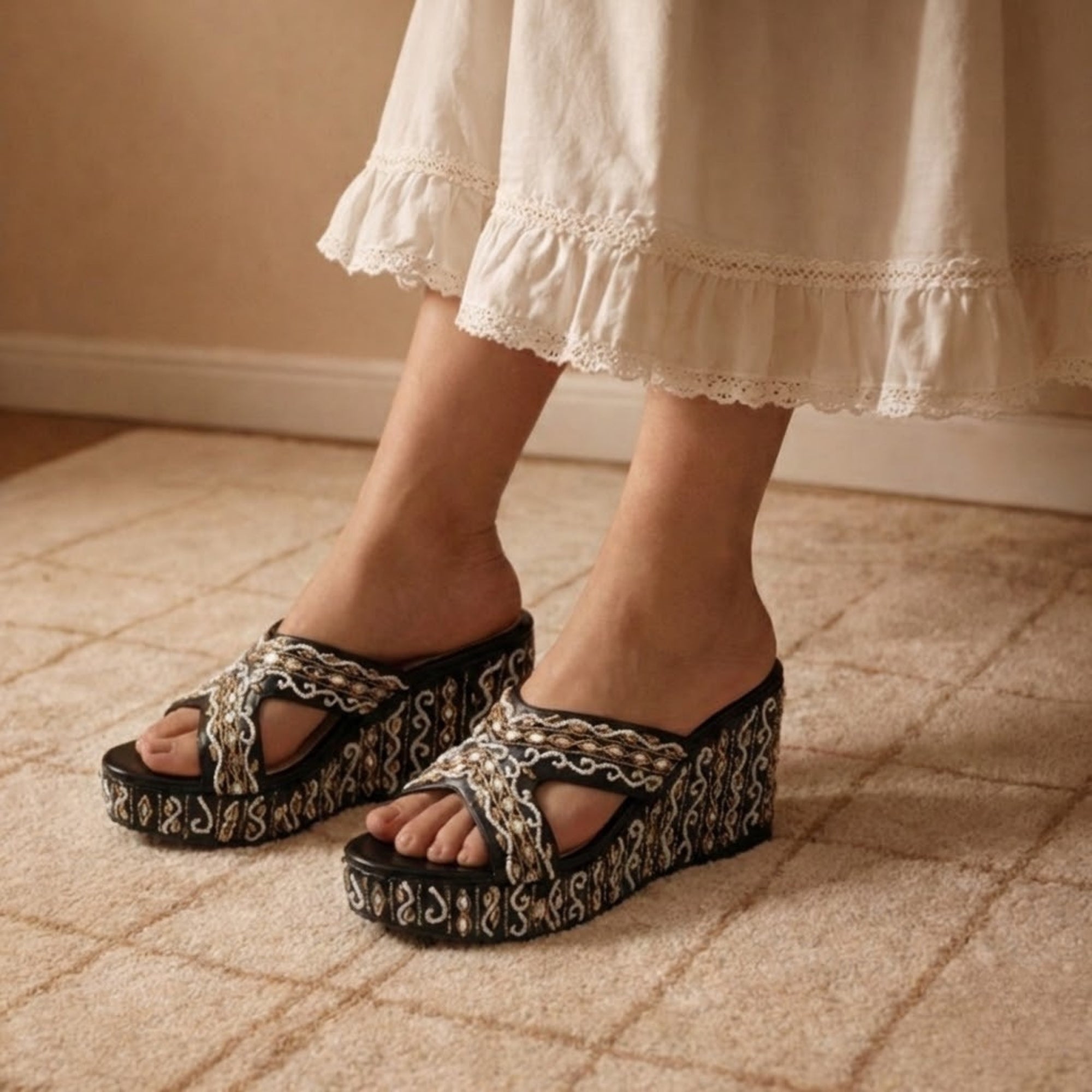 Ruth Black Hand Embellished Luxury Wedge Shoe