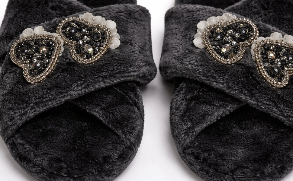 Katie Women’s Luxury Black Slippers – Lightweight Comfortable Handmade Plush Faux Fur Slippers with Diamanté Heart Embellishment