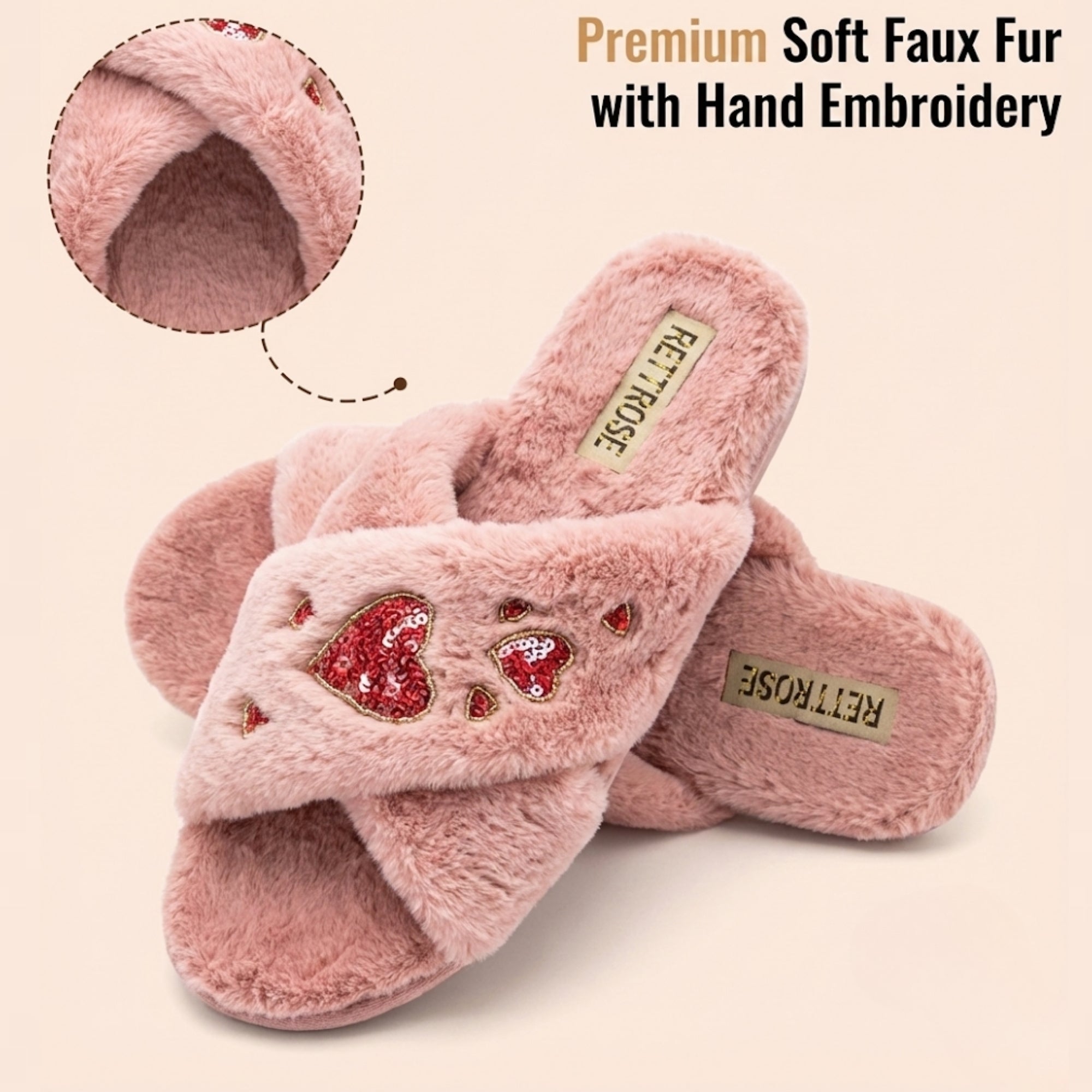 Kaylee Pink Women’s Luxury Slippers – Plush Faux Fur Handmade Slippers with Diamanté Heart Embellishment