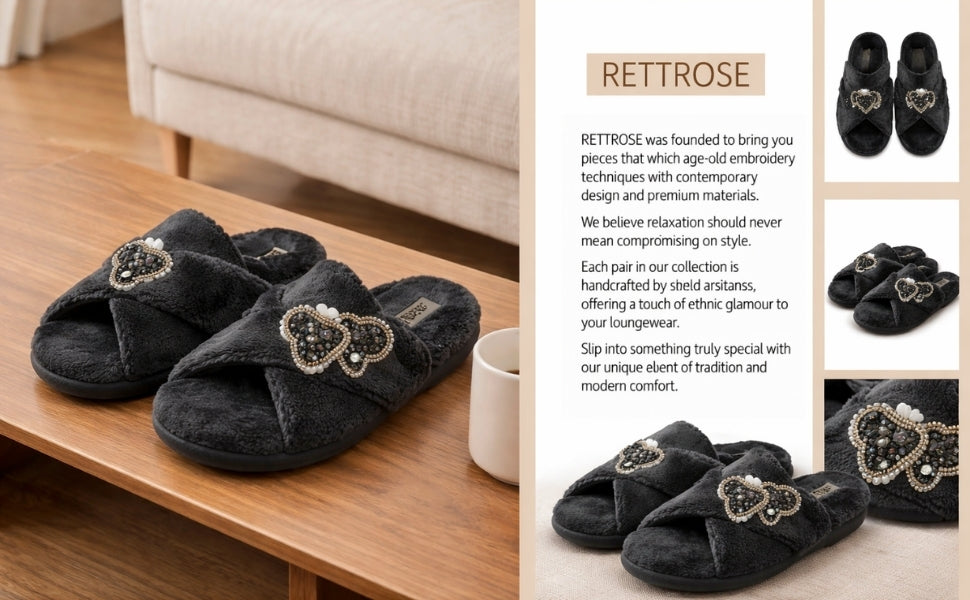 Katie Women’s Luxury Black Slippers – Lightweight Comfortable Handmade Plush Faux Fur Slippers with Diamanté Heart Embellishment