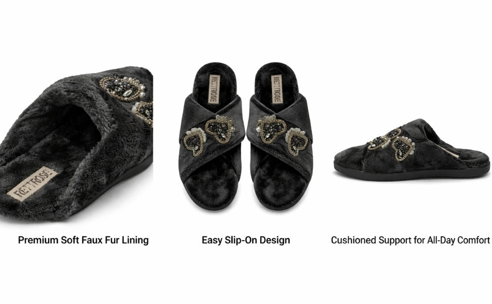 Katie Women’s Luxury Black Slippers – Lightweight Comfortable Handmade Plush Faux Fur Slippers with Diamanté Heart Embellishment