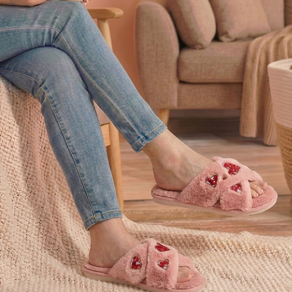 Kaylee Pink Women’s Luxury Slippers – Plush Faux Fur Handmade Slippers with Diamanté Heart Embellishment