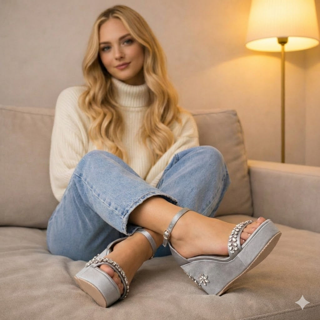 Delilah Silver Hand Embellished Luxury Wedge Shoe