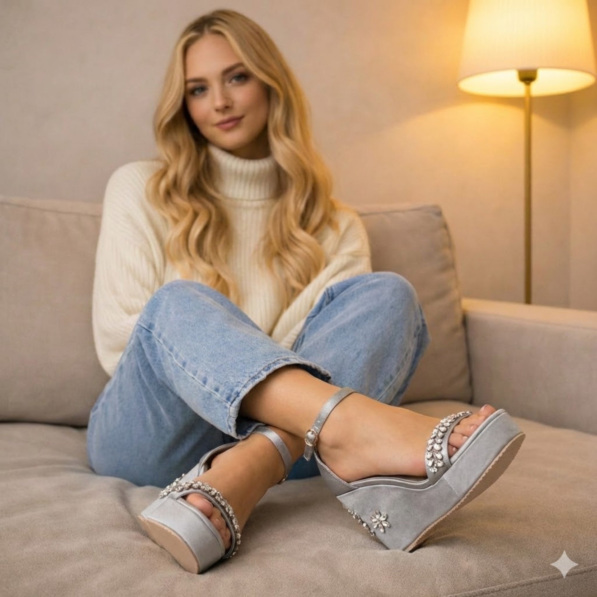 Delilah Silver Hand Embellished Luxury Wedge Shoe