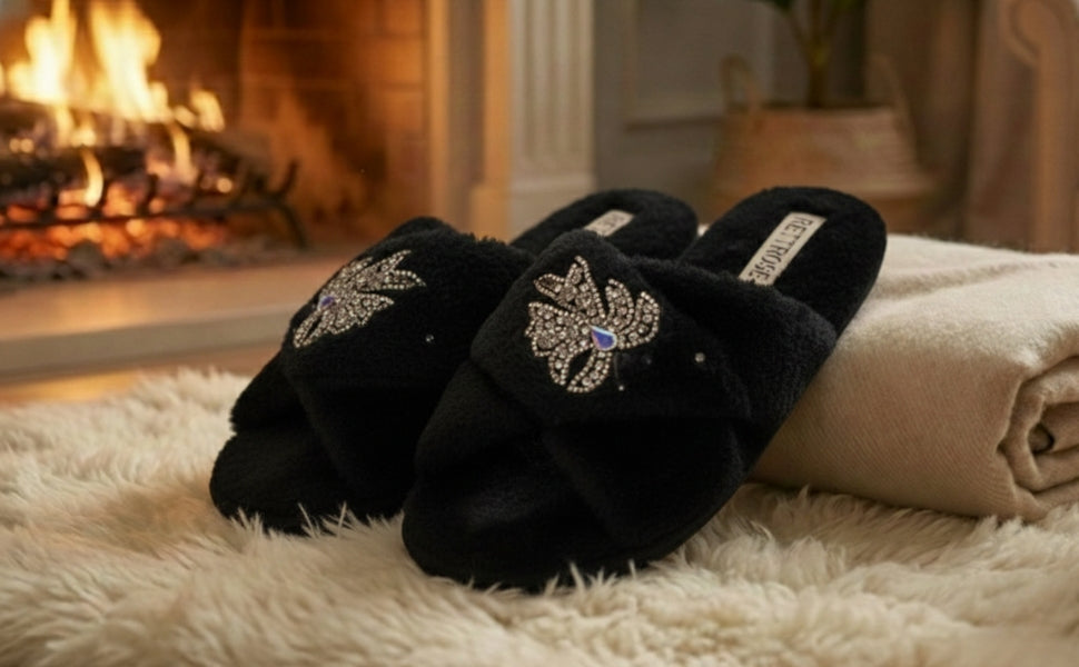 Katherine Black Luxury Plush Diamanté Embellished Handmade Slipper