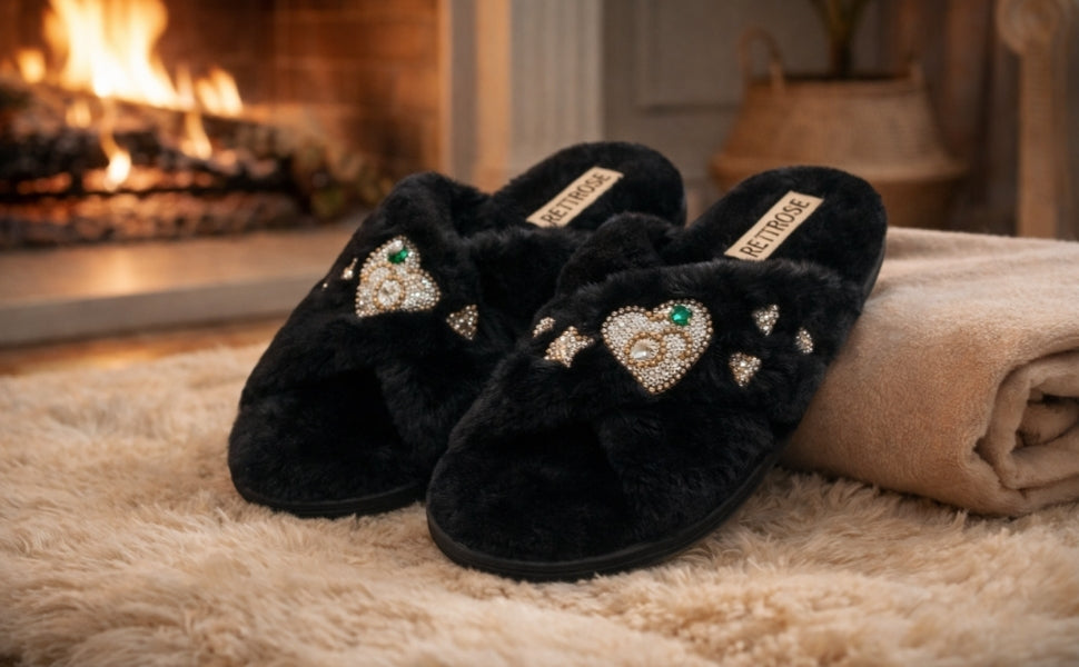 Emmy Black Luxury Plush Diamanté Embellished Handmade Slipper