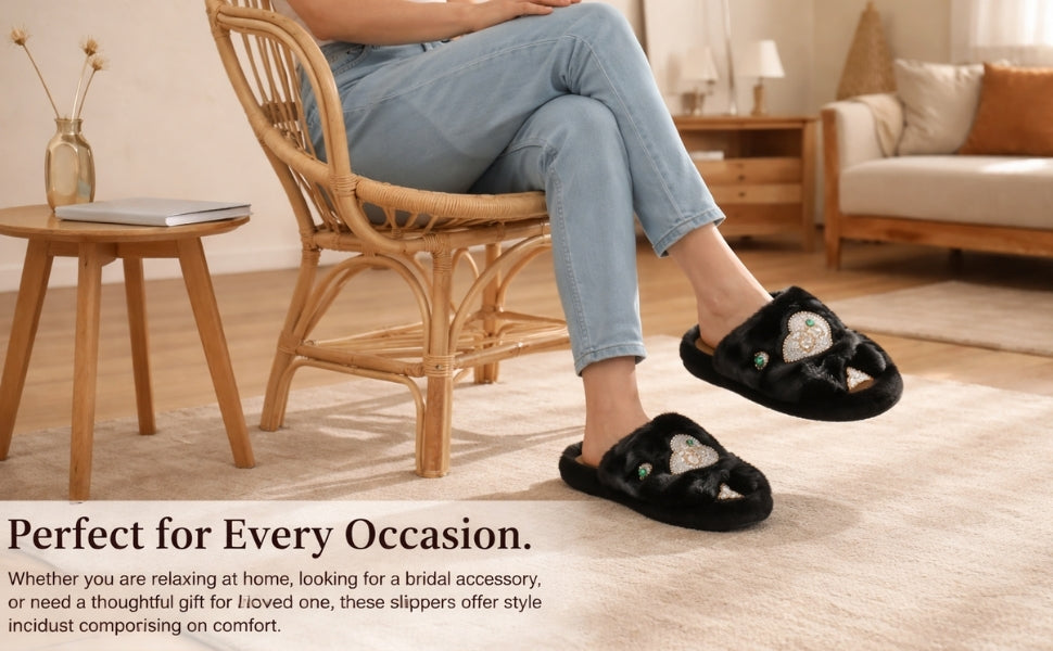 Emmy Black Luxury Plush Diamanté Embellished Handmade Slipper