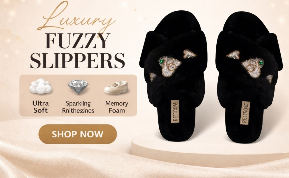 Emmy Black Luxury Plush Diamanté Embellished Handmade Slipper